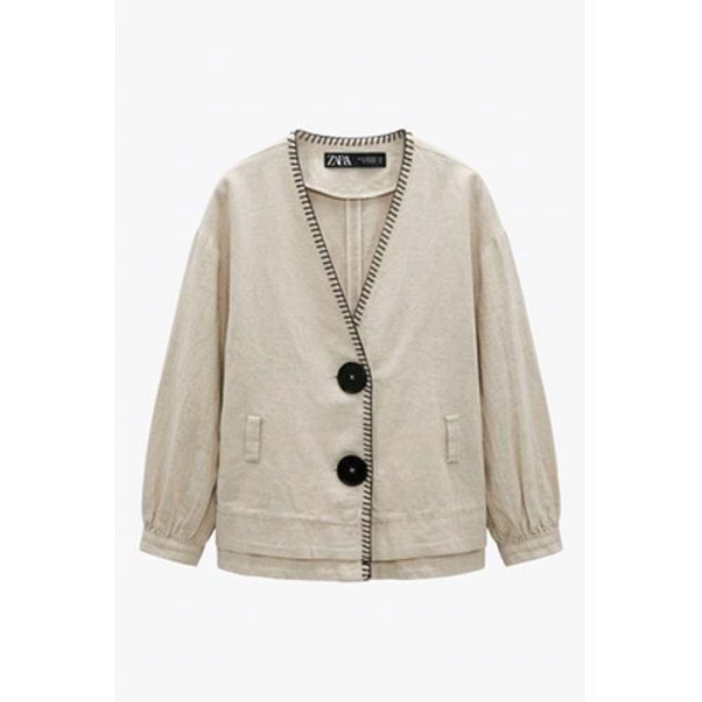 Zara Jacket Womens S Beige Contrast Stitch Big Button Cotton Blend Casual Twill